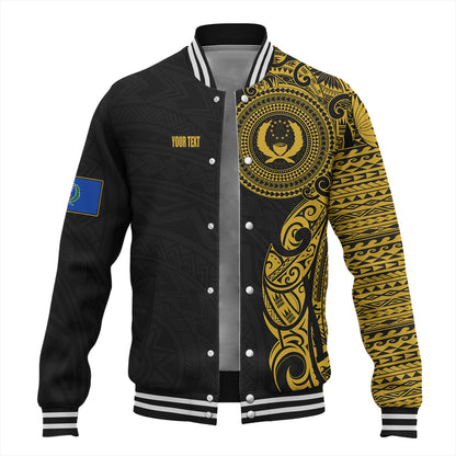 Pohnpei State Baseball Jacket Custom Polynesian Half Sleeve Gold Tattoo With Seal Black