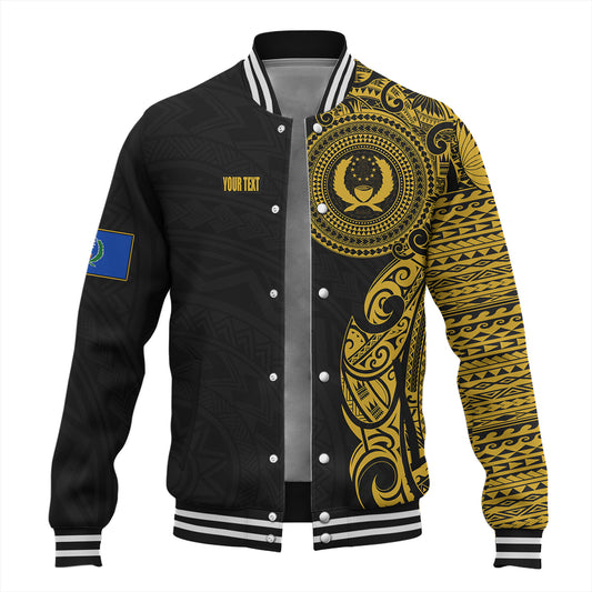 Pohnpei State Baseball Jacket Custom Polynesian Half Sleeve Gold Tattoo With Seal Black