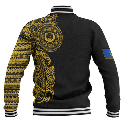 Pohnpei State Baseball Jacket Custom Polynesian Half Sleeve Gold Tattoo With Seal Black