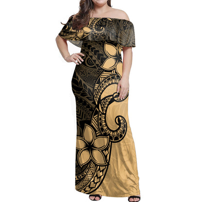 Hawaii  Woman Off Shoulder Long Dress Tribal Plumeria
