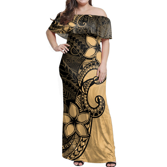 Hawaii  Woman Off Shoulder Long Dress Tribal Plumeria