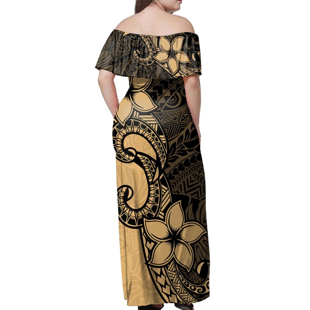 Hawaii  Woman Off Shoulder Long Dress Tribal Plumeria