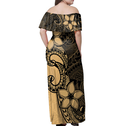 Hawaii  Woman Off Shoulder Long Dress Tribal Plumeria