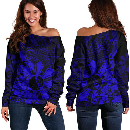 Philippines Off Shoulder Sweatshirt Polynesian Pattern Filipino Sampaguita