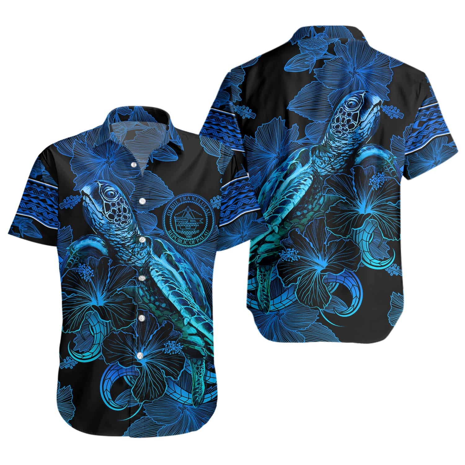 Palau Short Sleeve Shirt Sea Turtle With Blooming Hibiscus Flowers Tribal Blue
