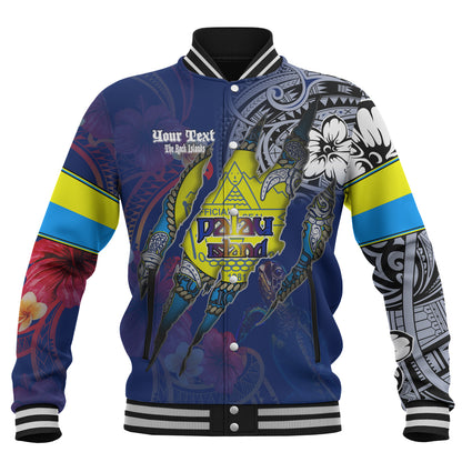 Palau Baseball Jacket Custom Palauan Blood Inside Me Polynesian Sleeve Tattoo Tropical Blue