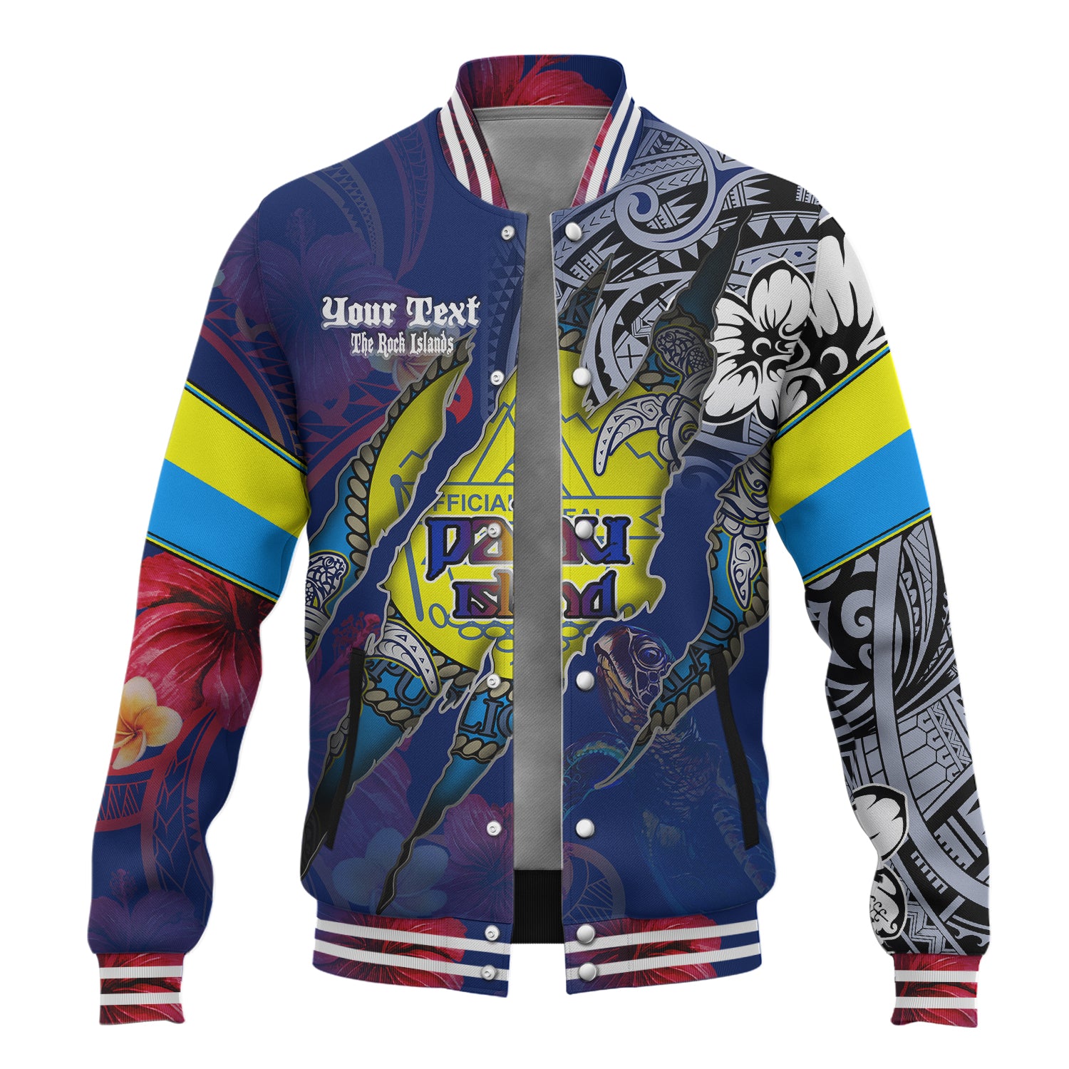 Palau Baseball Jacket Custom Palauan Blood Inside Me Polynesian Sleeve Tattoo Tropical Blue