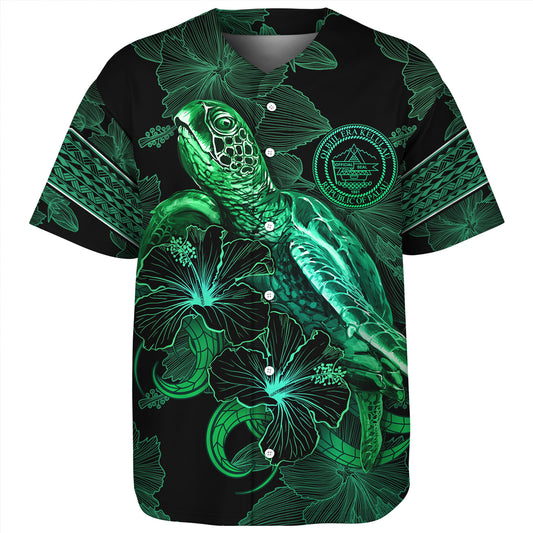 Palau Baseball Shirt  Sea Turtle With Blooming Hibiscus Flowers Tribal Green