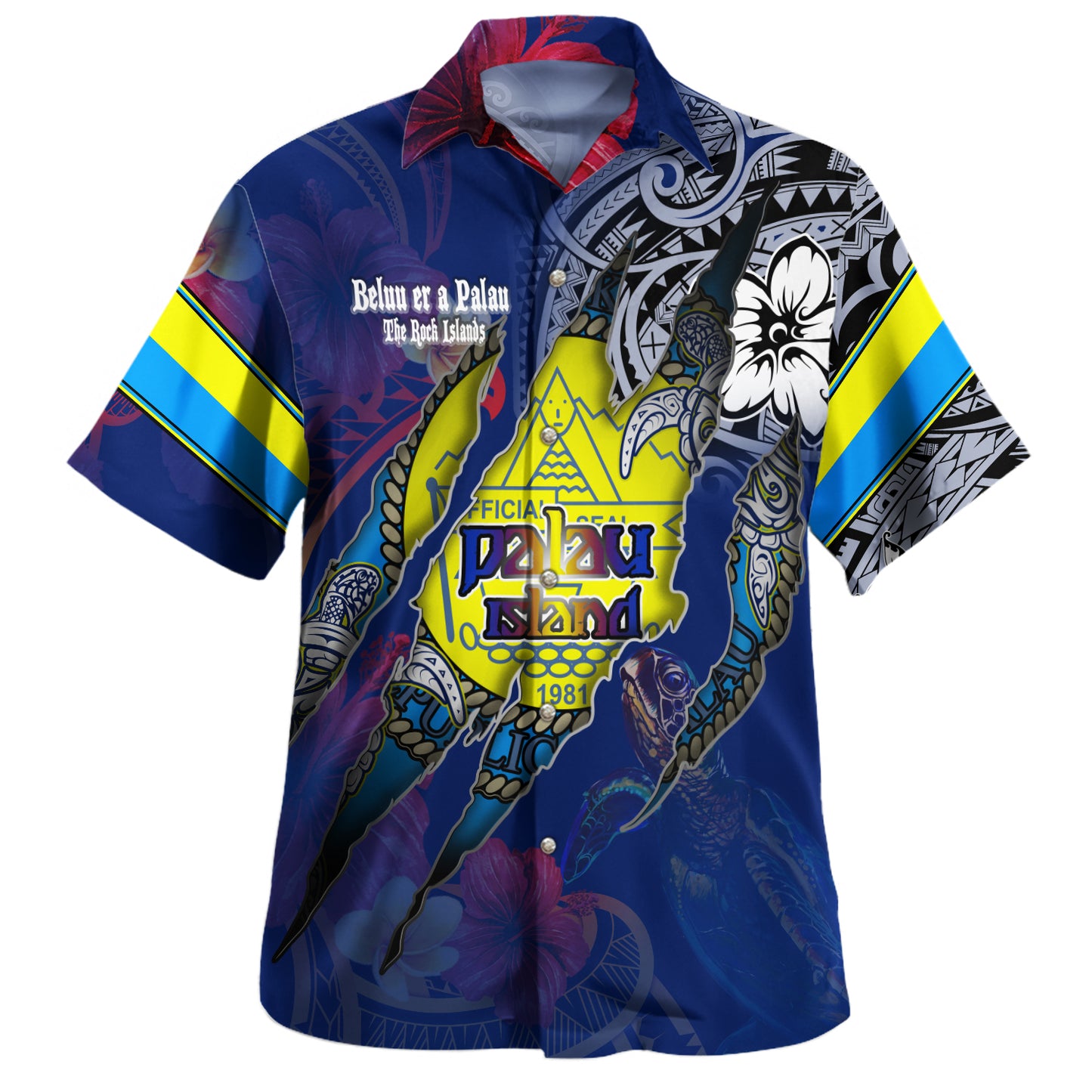 Palau Hawaiian Shirt Custom Palauan Blood Inside Me Polynesian Sleeve Tattoo Tropical Blue