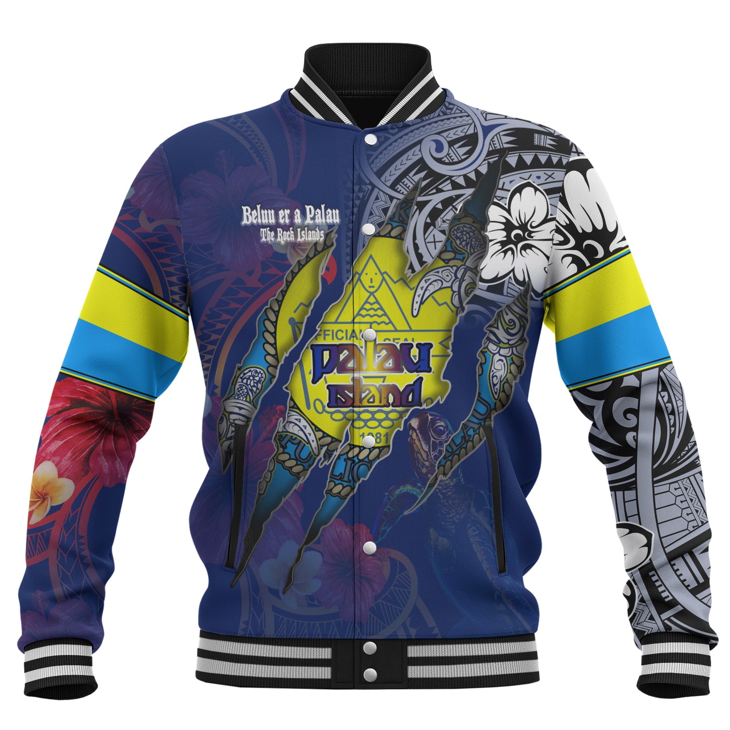 Palau Baseball Jacket Custom Palauan Blood Inside Me Polynesian Sleeve Tattoo Tropical Blue