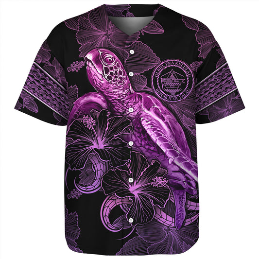 Palau Baseball Shirt Sea Turtle With Blooming Hibiscus Flowers Tribal Purple
