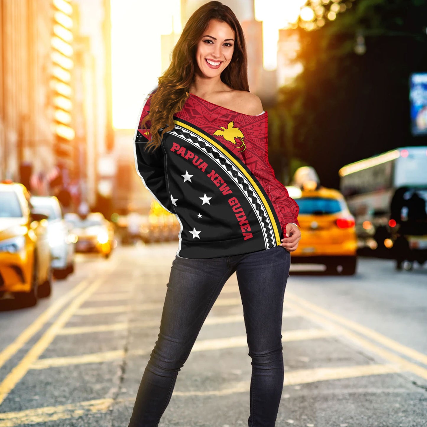 Papua New Guinea Custom Personalised Off Shoulder Sweatshirt Polynesian Tribal Patterns Curve Style