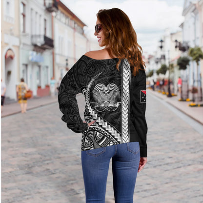 Papua New Guinea Off Shoulder Sweatshirt Tribal Melanesian Coat Of Arms