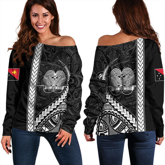 Papua New Guinea Off Shoulder Sweatshirt Tribal Melanesian Coat Of Arms