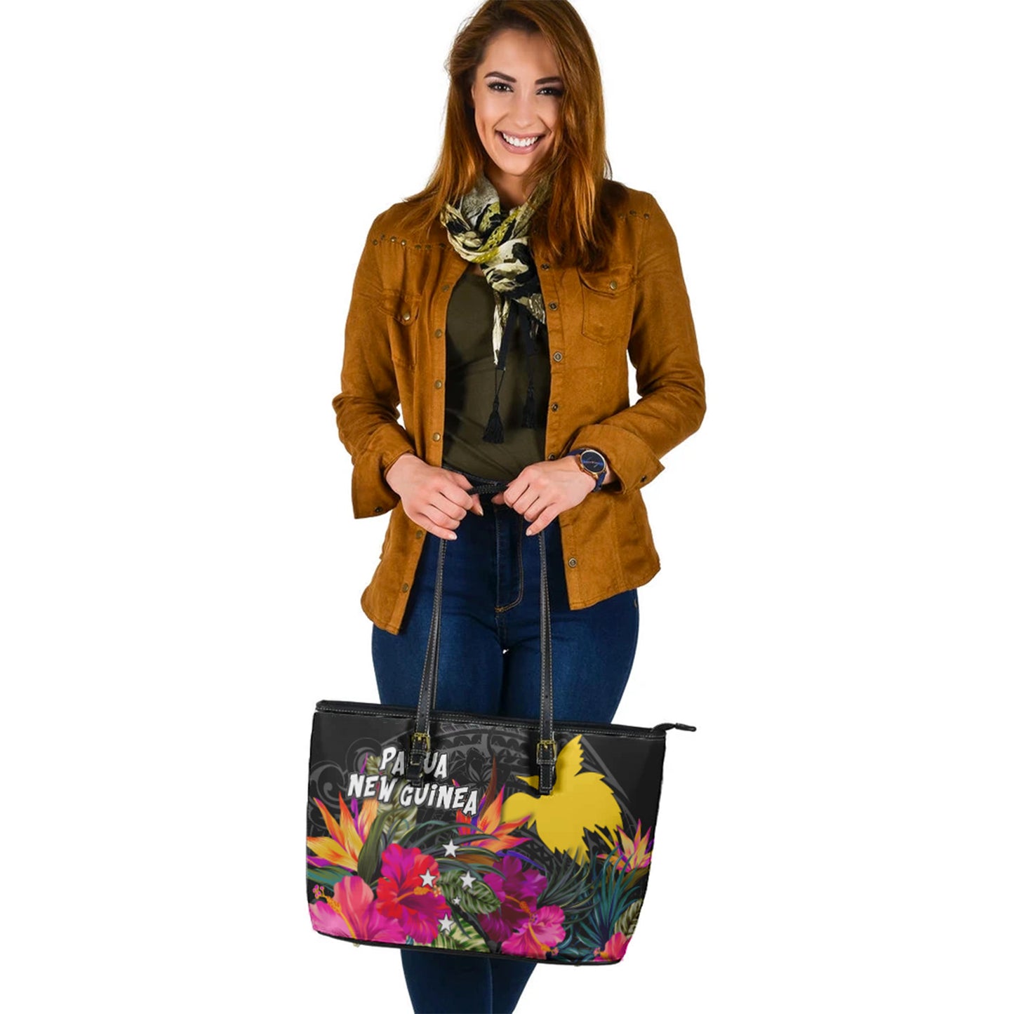 Papua New Guinea Custom Personalised Leather Tote Polynesian Hibiscus Pattern