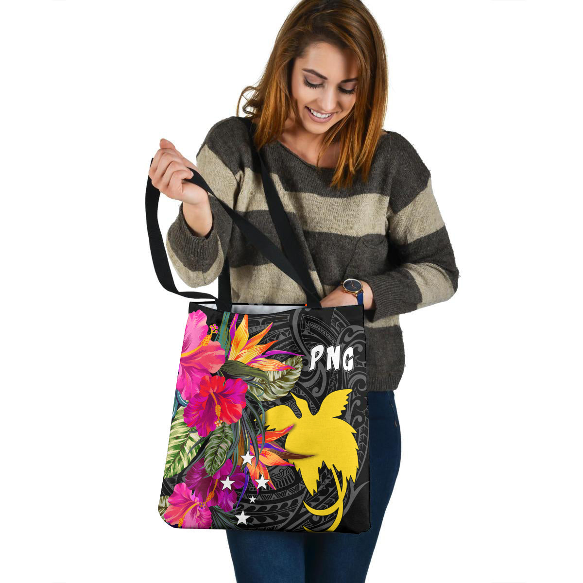 Papua New Guinea Custom Personalised Tote Bag Polynesian Hibiscus Pattern