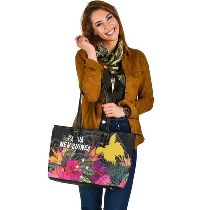 Papua New Guinea Custom Personalised Leather Tote Polynesian Hibiscus Pattern