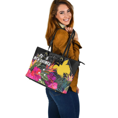 Papua New Guinea Custom Personalised Leather Tote Polynesian Hibiscus Pattern
