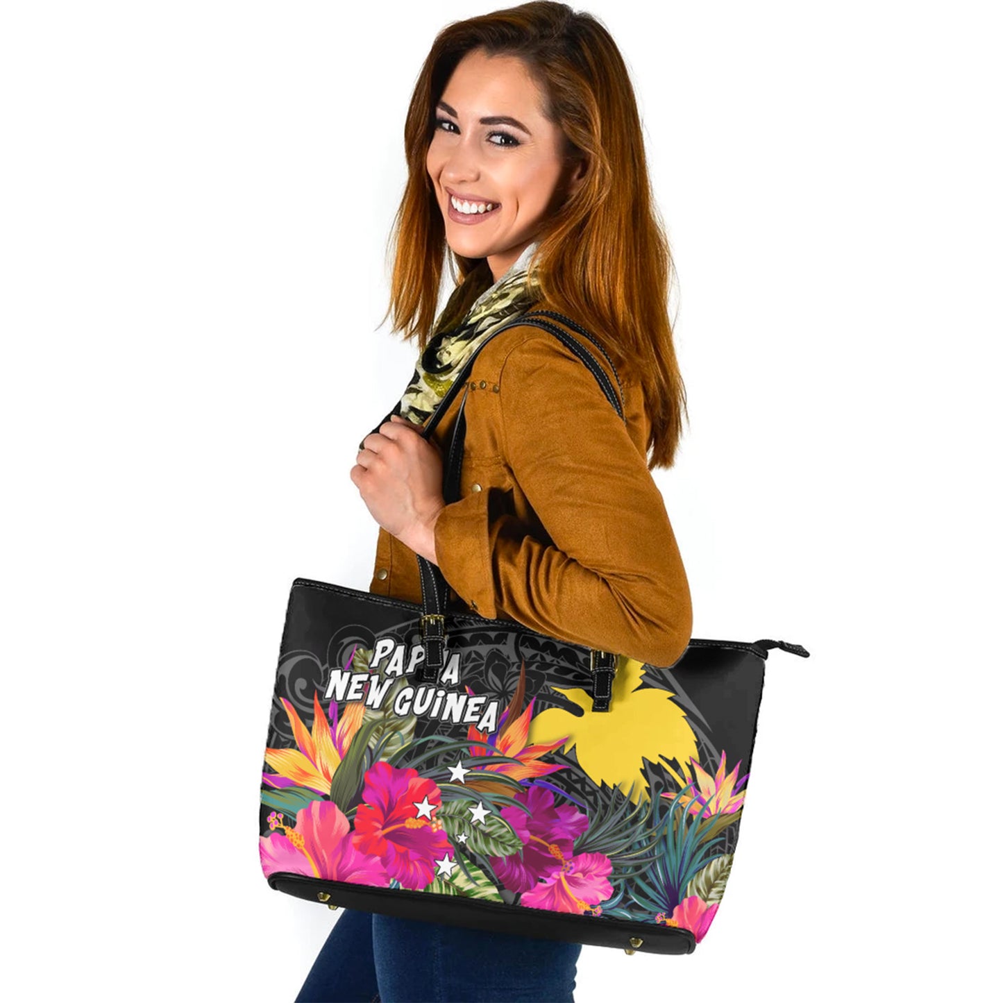 Papua New Guinea Custom Personalised Leather Tote Polynesian Hibiscus Pattern