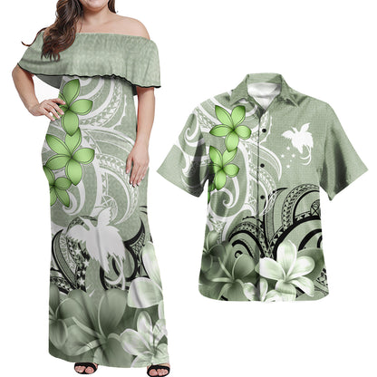 Papua New Guinea Polynesian Pattern Combo Dress And Shirt Floral Spirit Sage Green