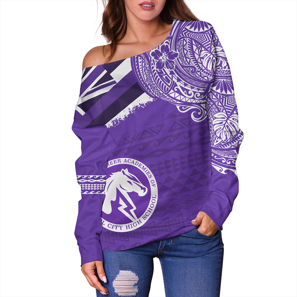 Hawaii Off Shoulder Sweatshirt Pearl City High School With Crest Style