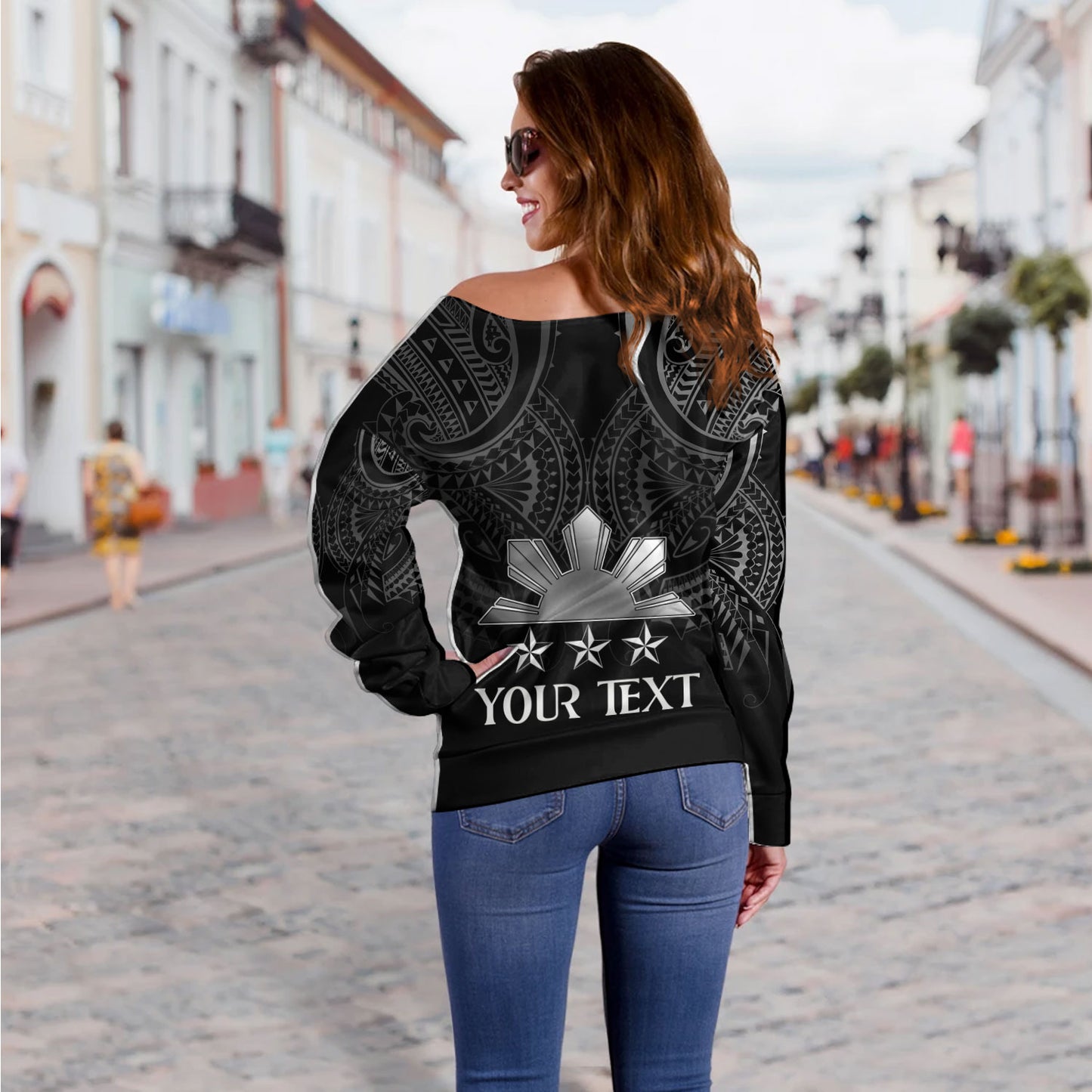 Philippines Filipinos Custom Personalised Off Shoulder Sweatshirt Black Sun And Stars Tribal Tatau Design