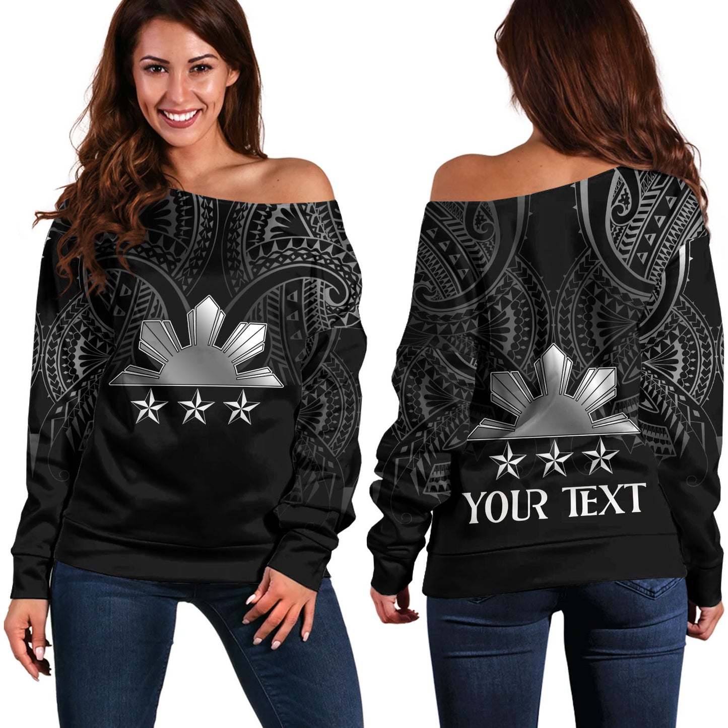 Philippines Filipinos Custom Personalised Off Shoulder Sweatshirt Black Sun And Stars Tribal Tatau Design