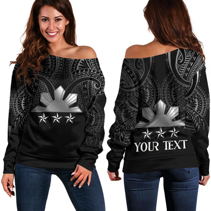 Philippines Filipinos Custom Personalised Off Shoulder Sweatshirt Black Sun And Stars Tribal Tatau Design