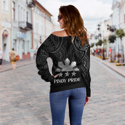 Philippines Filipinos Custom Personalised Off Shoulder Sweatshirt Black Sun And Stars Tribal Tatau Design