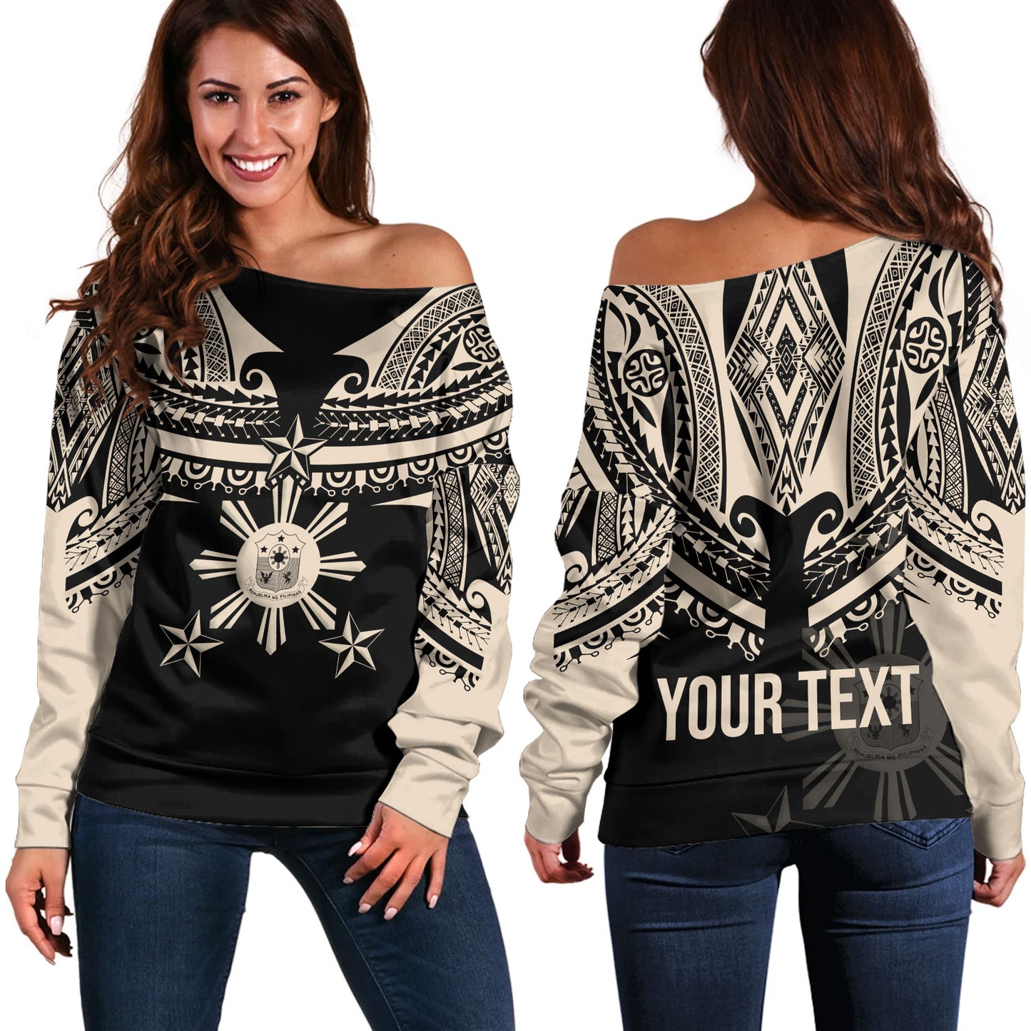 Philippines Filipinos Custom Personalised Off Shoulder Sweatshirt Filipinos Coat Of Arms Tribal Tattoo Style