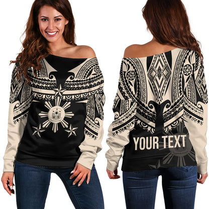 Philippines Filipinos Custom Personalised Off Shoulder Sweatshirt Filipinos Coat Of Arms Tribal Tattoo Style