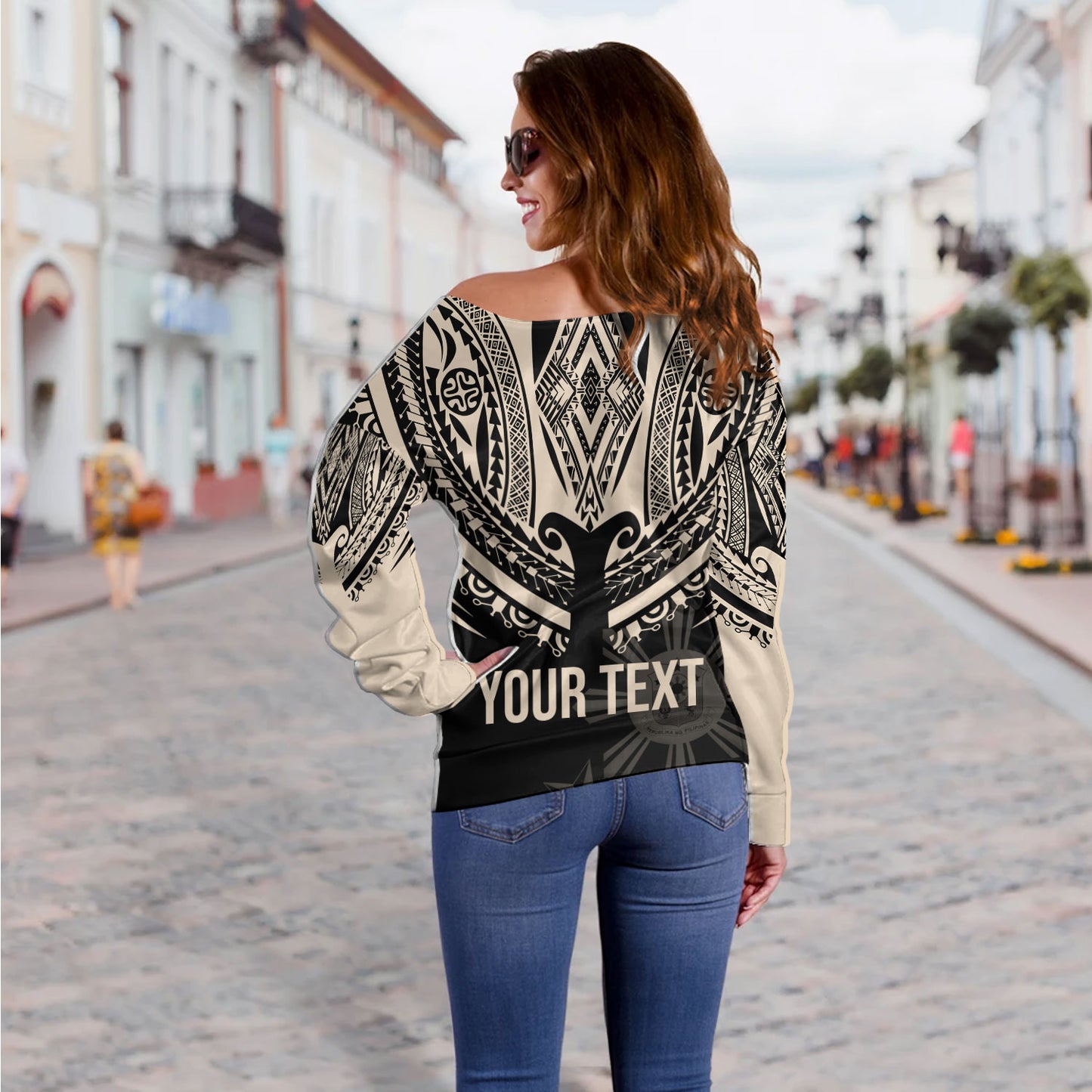 Philippines Filipinos Custom Personalised Off Shoulder Sweatshirt Filipinos Coat Of Arms Tribal Tattoo Style