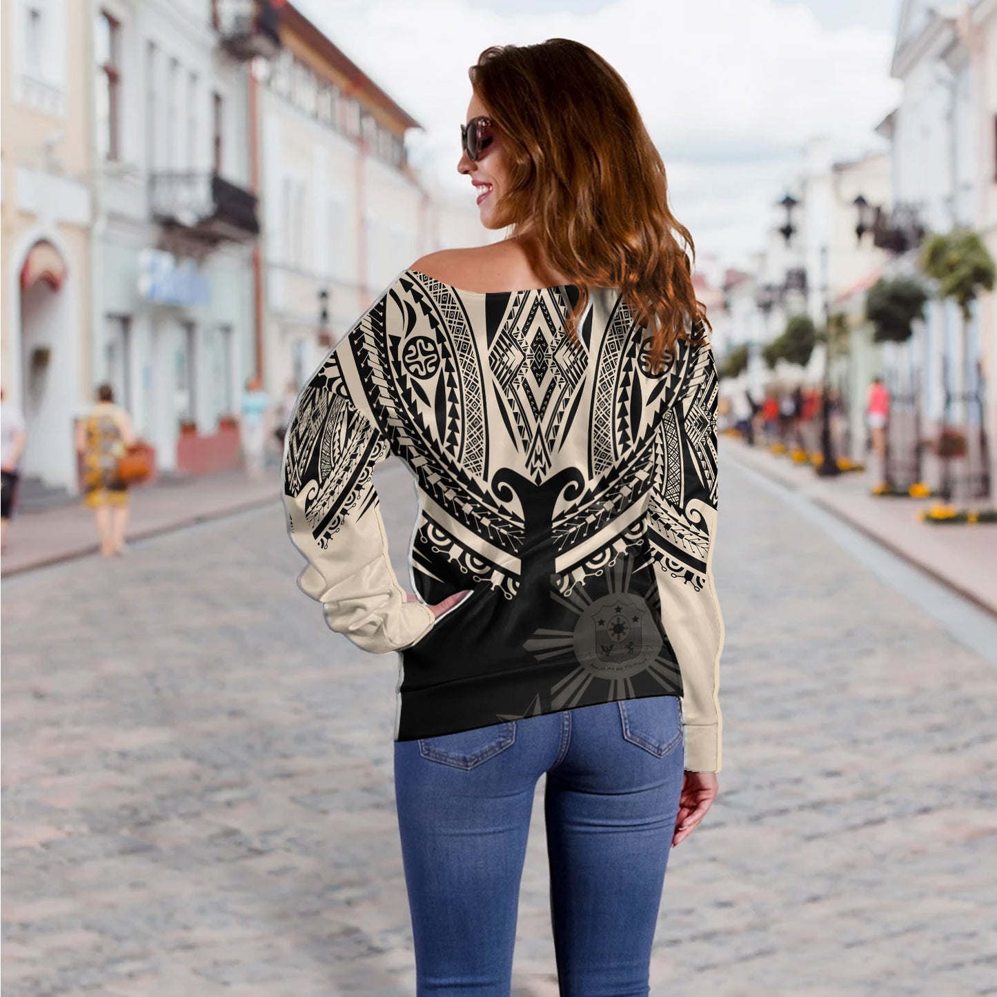 Philippines Filipinos Custom Personalised Off Shoulder Sweatshirt Filipinos Coat Of Arms Tribal Tattoo Style