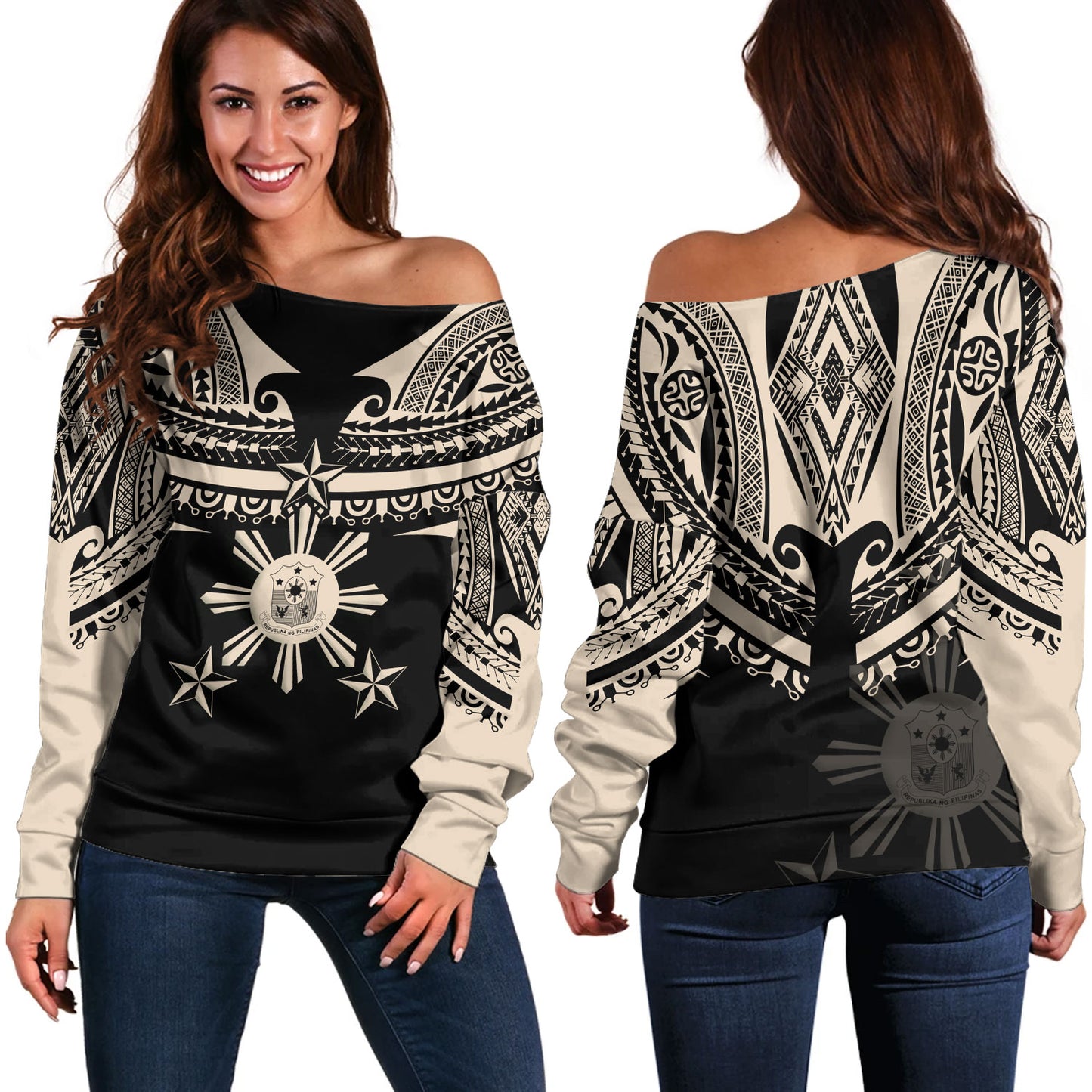 Philippines Filipinos Custom Personalised Off Shoulder Sweatshirt Filipinos Coat Of Arms Tribal Tattoo Style