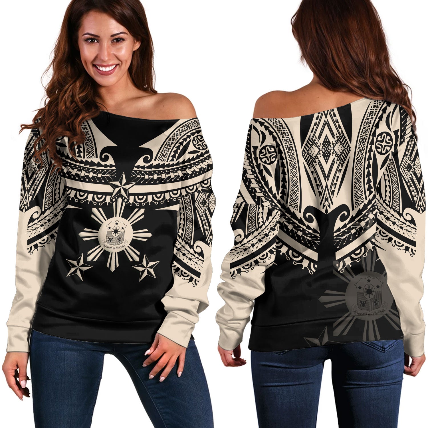Philippines Filipinos Custom Personalised Off Shoulder Sweatshirt Filipinos Coat Of Arms Tribal Tattoo Style