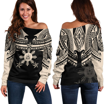 Philippines Filipinos Custom Personalised Off Shoulder Sweatshirt Filipinos Coat Of Arms Tribal Tattoo Style
