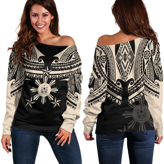 Philippines Filipinos Custom Personalised Off Shoulder Sweatshirt Filipinos Coat Of Arms Tribal Tattoo Style