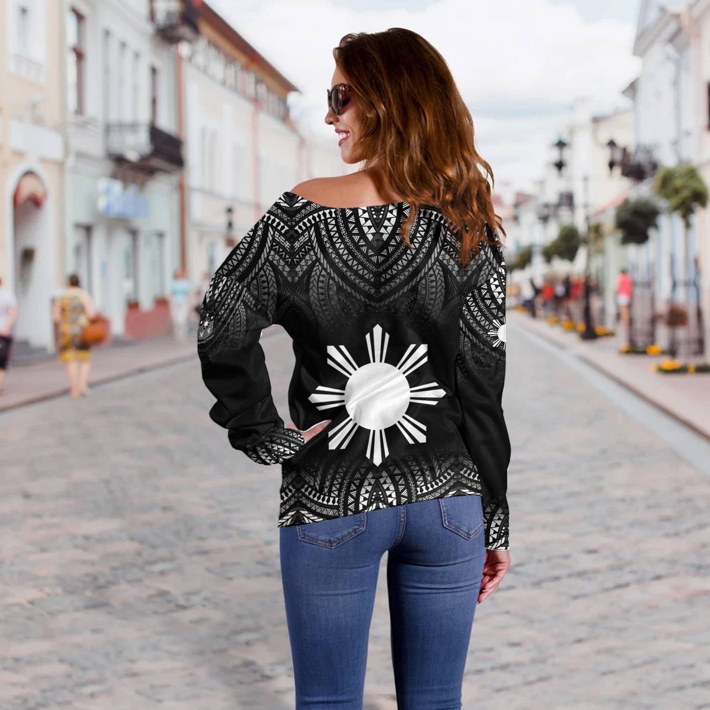 Philippines Filipinos Custom Personalised Off Shoulder Sweatshirt Filipino Black Fog Style