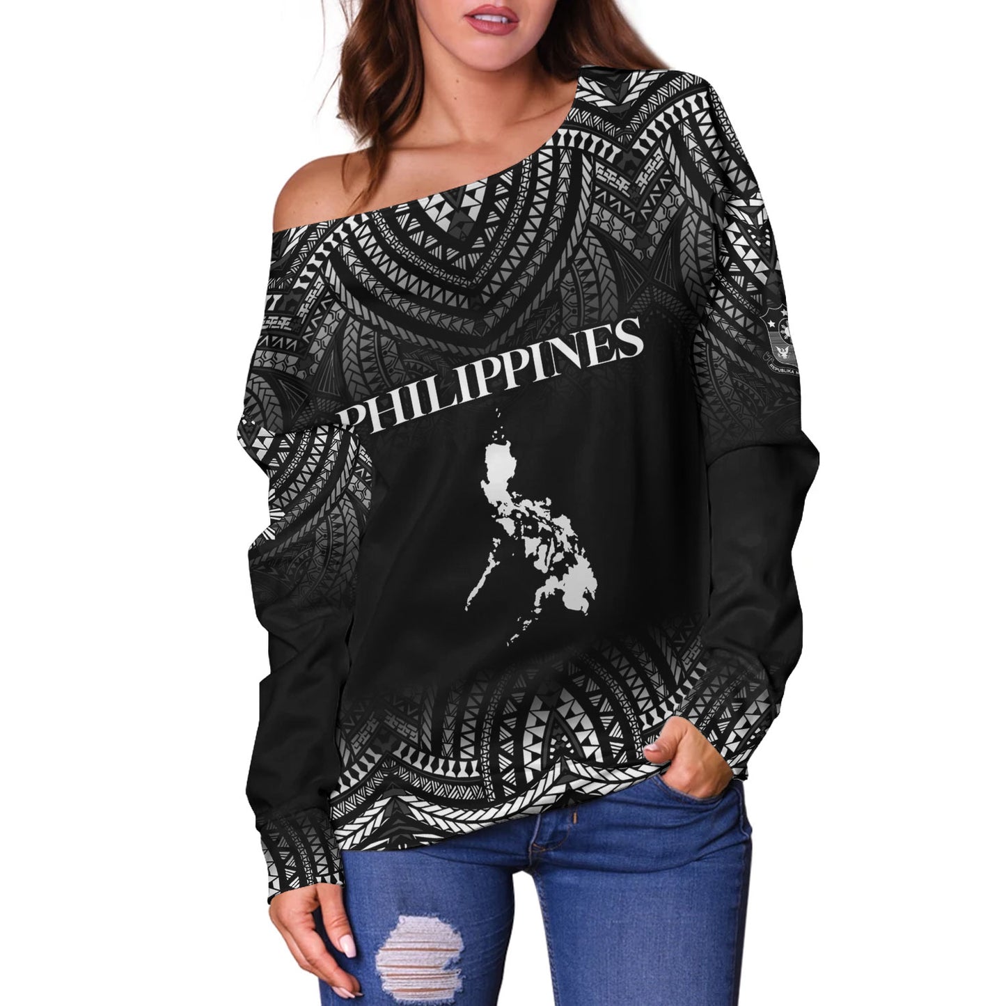 Philippines Filipinos Custom Personalised Off Shoulder Sweatshirt Filipino Black Fog Style