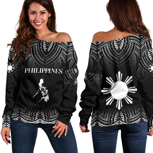 Philippines Filipinos Custom Personalised Off Shoulder Sweatshirt Filipino Black Fog Style