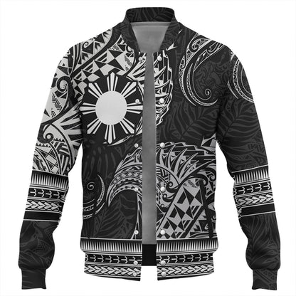 Philippines Filipinos Baseball Jacket Filipino Coat Of Arms With Leaves and Tribal Patterns