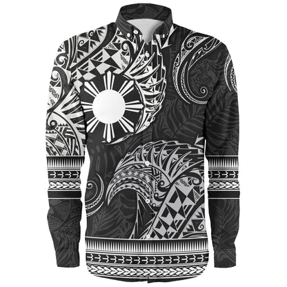 Philippines Filipinos Long Sleeve Shirt Filipino Coat Of Arms With Leaves and Tribal Patterns