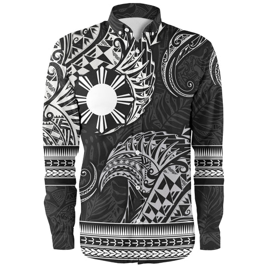 Philippines Filipinos Long Sleeve Shirt Filipino Coat Of Arms With Leaves and Tribal Patterns