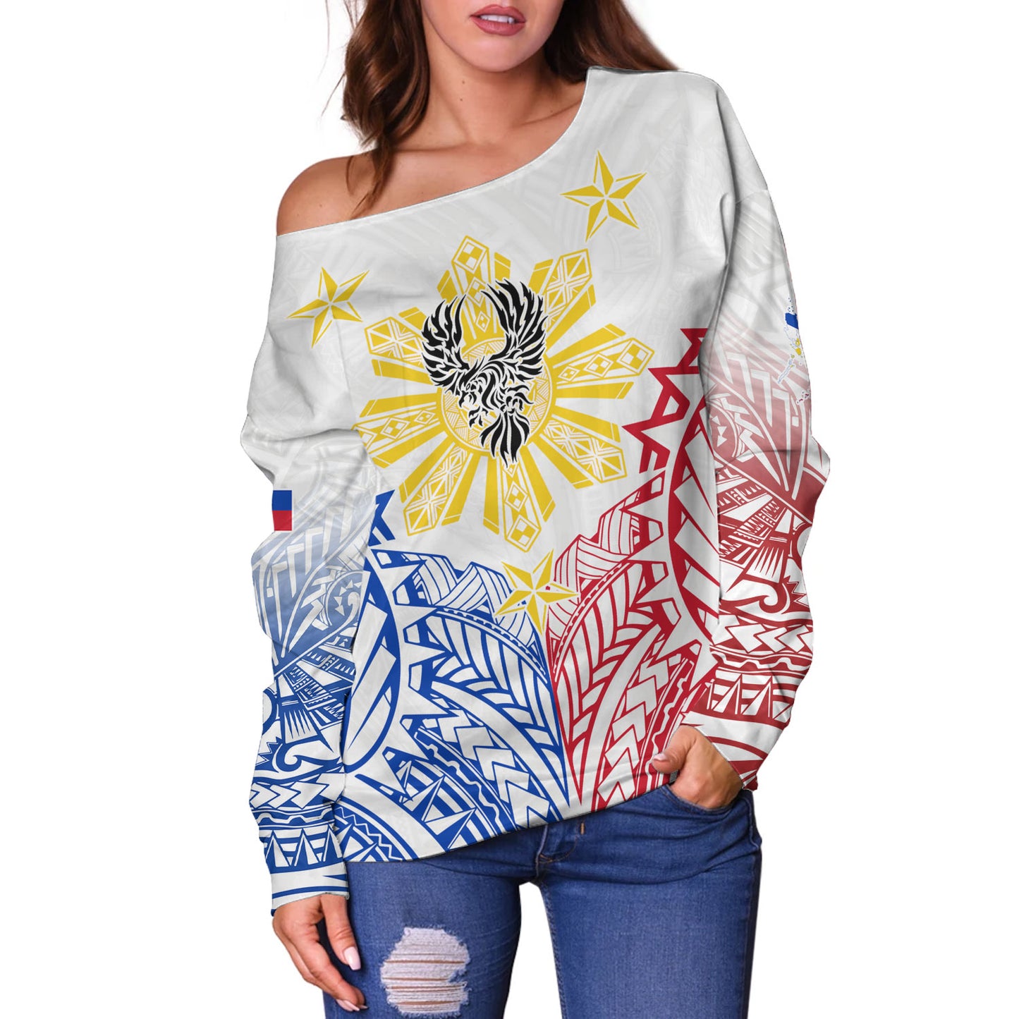 Philippines Filipinos Custom Personalised Off Shoulder Sweatshirt Filipino Sun with Eagle Style