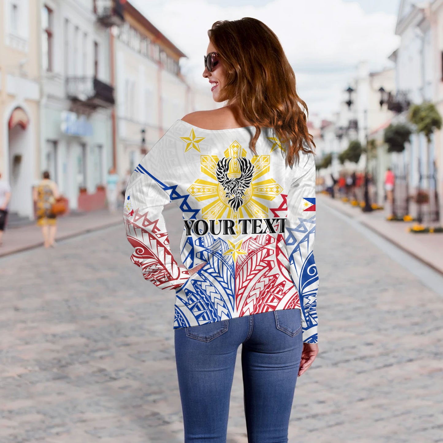 Philippines Filipinos Custom Personalised Off Shoulder Sweatshirt Filipino Sun with Eagle Style