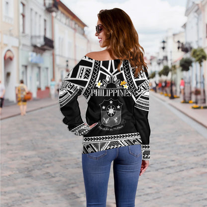 Philippines Filipinos Custom Personalised Off Shoulder Sweatshirt Filipinos Plumeria Flowers Mix Tribal Patterns