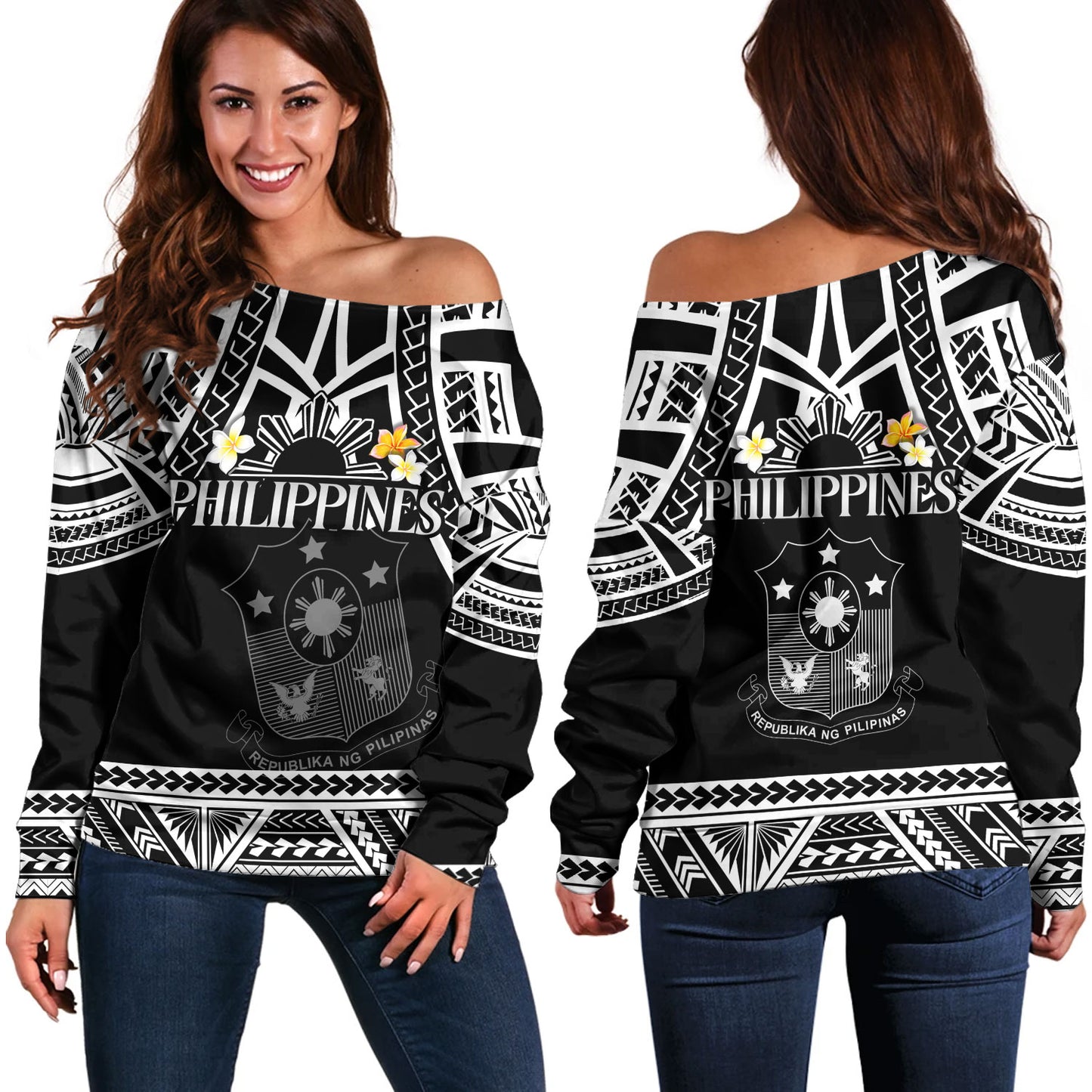 Philippines Filipinos Custom Personalised Off Shoulder Sweatshirt Filipinos Plumeria Flowers Mix Tribal Patterns