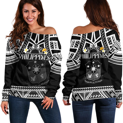 Philippines Filipinos Custom Personalised Off Shoulder Sweatshirt Filipinos Plumeria Flowers Mix Tribal Patterns