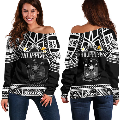Philippines Filipinos Custom Personalised Off Shoulder Sweatshirt Filipinos Plumeria Flowers Mix Tribal Patterns