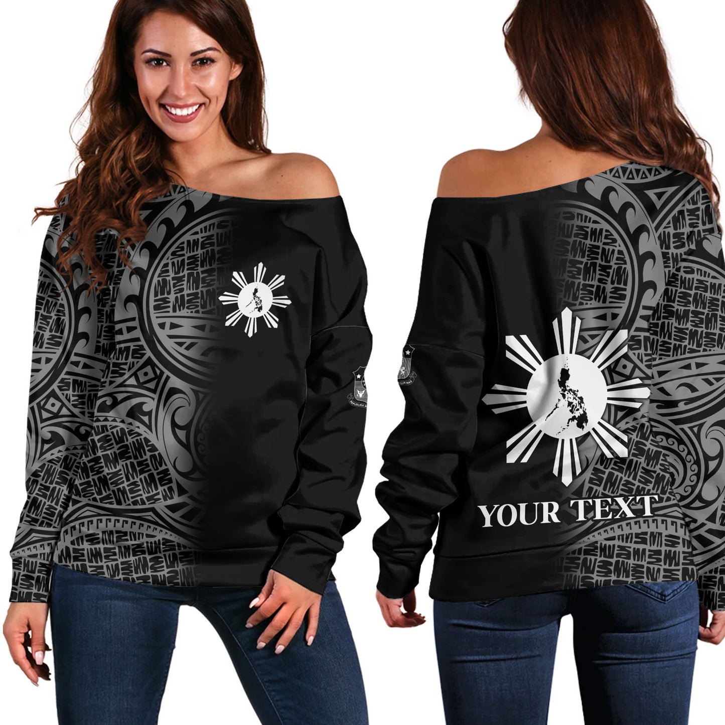 Philippines Filipinos Custom Personalised Off Shoulder Sweatshirt Filipinos Sun And Map Half Style